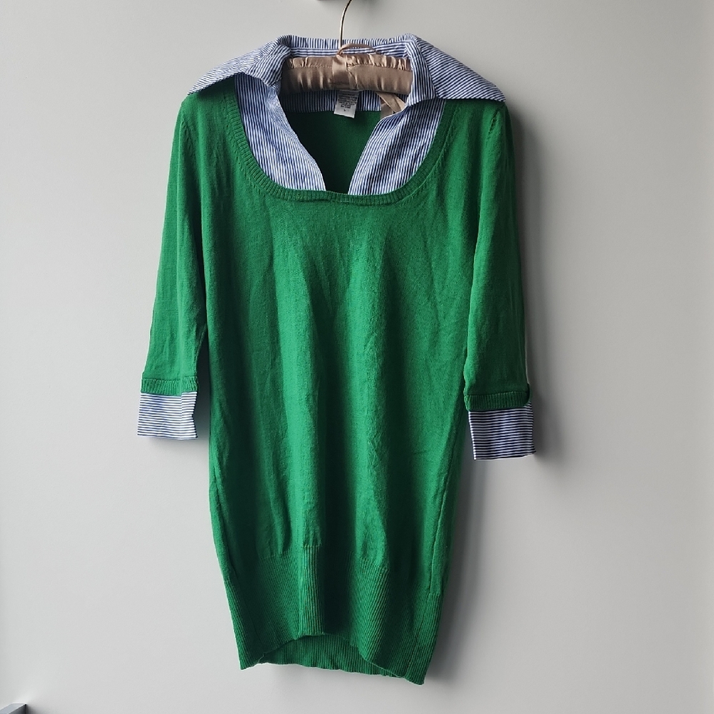 Diane von Furstenberg 100% Wool Sweater with Cotton Shirt Details Knit Top